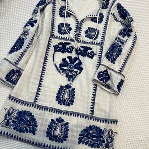 ASO Meghan Markle Zara White and Blue Embroidered Tunic, Size M
